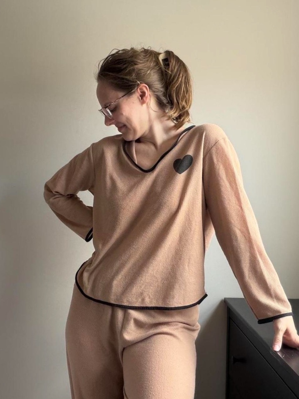 Tan Ribbed Waffle Knit Cozy Pajama Lounge Set Heart Large